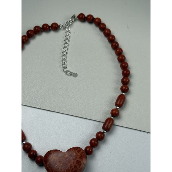 GSJ Coral Heart Beaded 16"-18.5" Sterling Silver Clasp Necklace - Picture 4 of 12